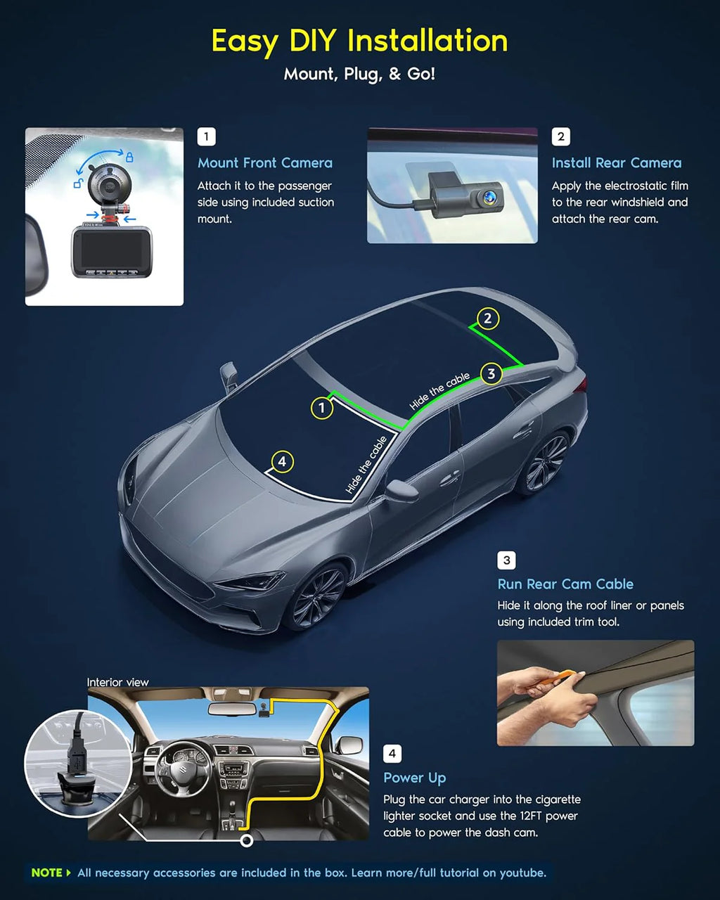 Driving recorder dual instrument cam front and rear, Starvis 2 sensor, free 128GB card, 5G WiFi - fastest download speed for up to 20mb/s App, 3-inch IPS, 24H parking mode