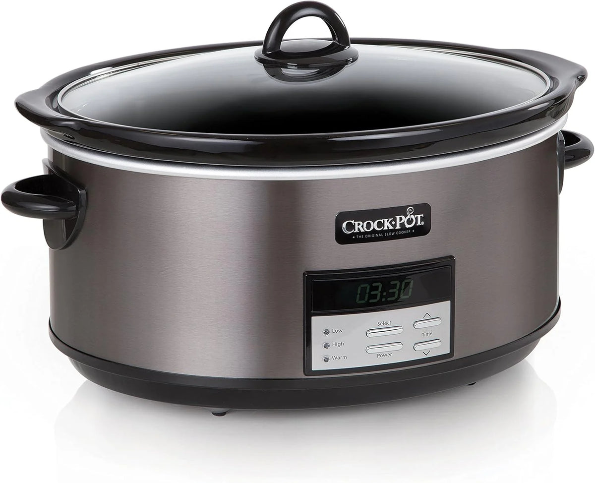 Large 8-Quart Programmable Slow Cooker with Auto Warm Setting Black Stainless Steel