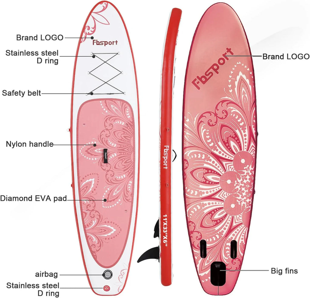 FBSPORT 11' Premium Stand Up Paddle Board, Yoga Board with Durable SUP Accessories & Carry Bag | Wide Stance, Surf Control, Non-Slip Deck, Leash, Paddle and Pump for Youth & Adult