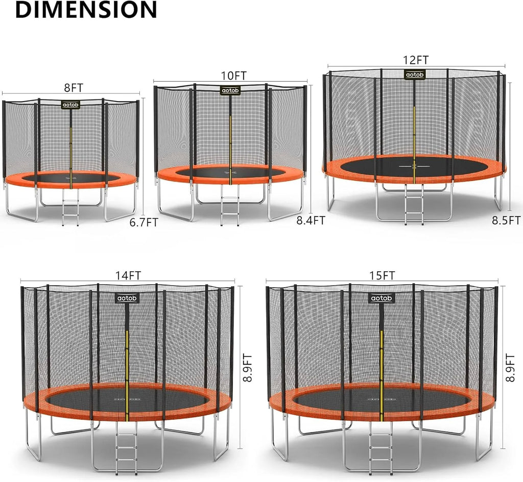 AOTOB 8FT 10FT 12FT 14 FT 15FT Trampoline with Safety Enclosure Net，Outdoor Trampoline with Basketball Hoop, Heavy Duty Jumping Mat and Spring Cover Padding for Kids and Adults, Storage Bag and Ladder