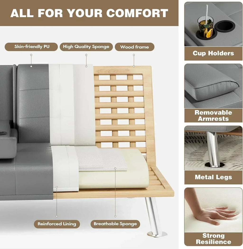 Homall Futon Sofa Bed Leather Futon Couch with Armrests Adjustable Recliner Sleeper Sofa Bed