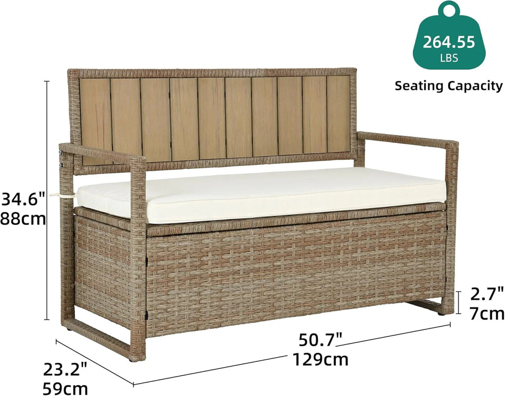 DWVO 70Gal Outdoor Storage Bench with Cushion & Composite Wood Backrest, All-Weather Wicker Deck Bench with Rustproof Bag, Poolside, Patio, Garden (Sand Beige)