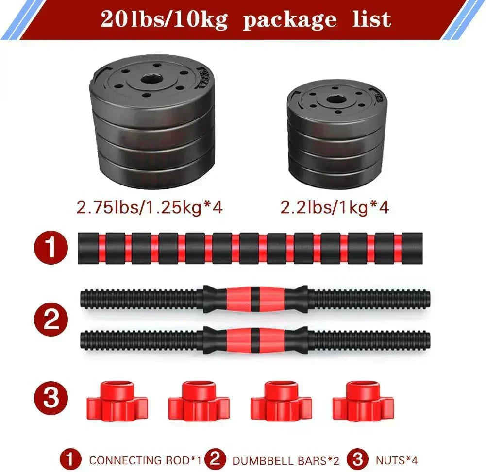 Adjustable dumbbell set, free weight dumbbell pair convertible into barbell