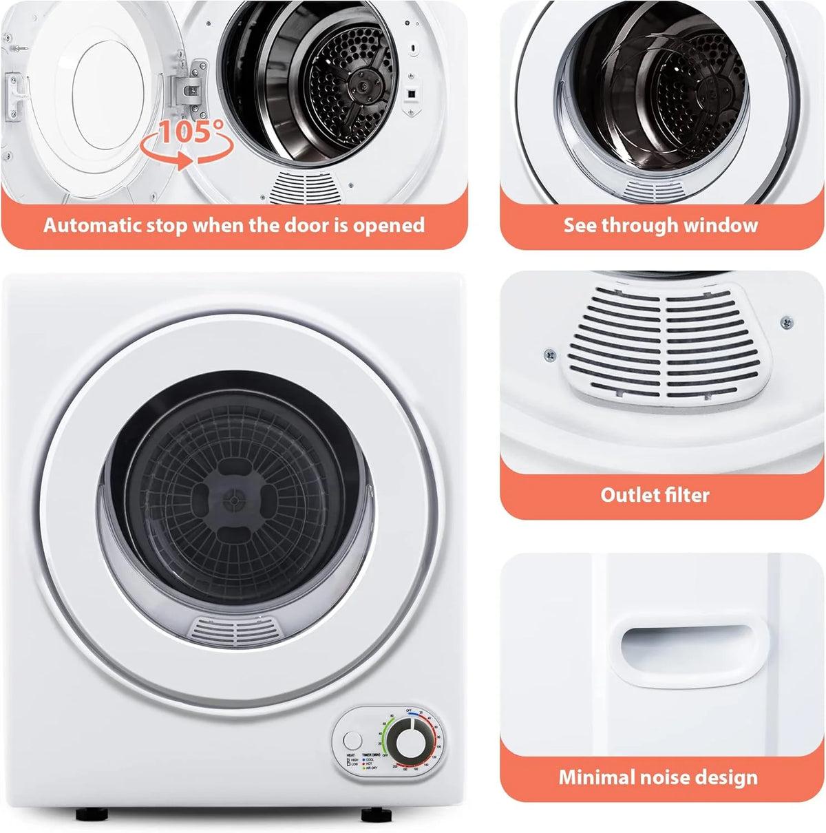 Compact Laundry Dryer, 3.5 cu ft Front Load Stainless Steel Clothes Dryers With Exhaust Pipe, 1500W, LCD Control Panel Four-Function Portable Dryer For Apartments, Home, Dorm, White