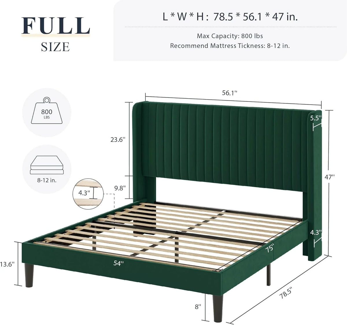 Allewie Full Size Velvet Bed Frame Vertical Channel Tufted Wingback Headboard Upholstered Bed