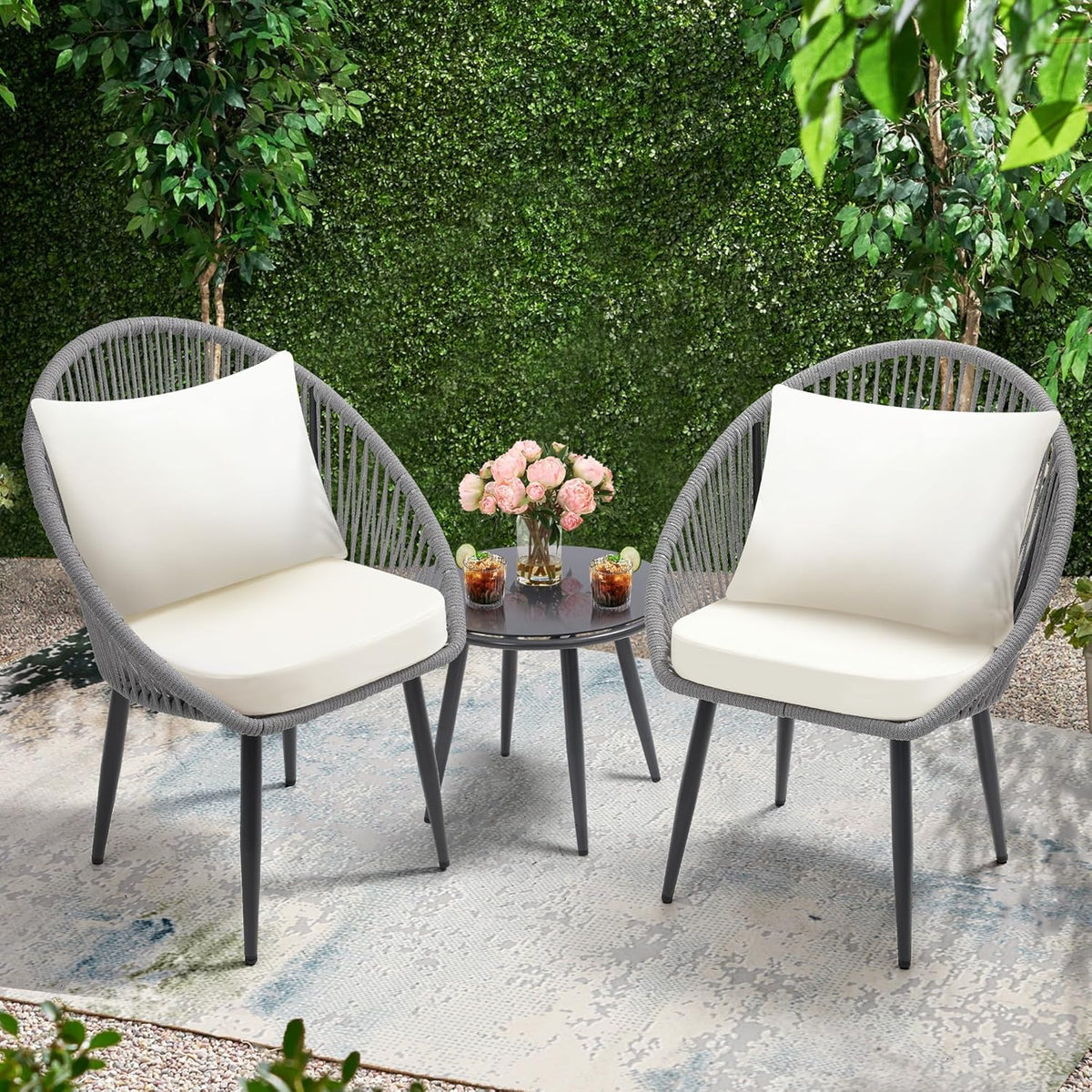3 Piece Bistro Set, Woven Rope Chair with Cushions, All Weather Patio Conversation Set with Side Table, Ideal for Deck, Balcony, Poolside, Black