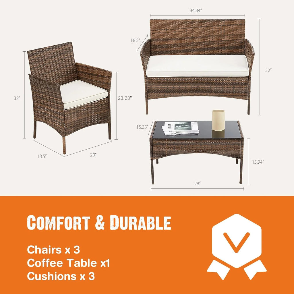 Sweetcripy Patio Furniture Set 3 Pieces, Outdoor Furniture with Soft Cushion and Glass Table, All Weather Manual Weaving Wicker Rattan Patio Chairs for Garden, Terrace, Porch(Black and Beige)