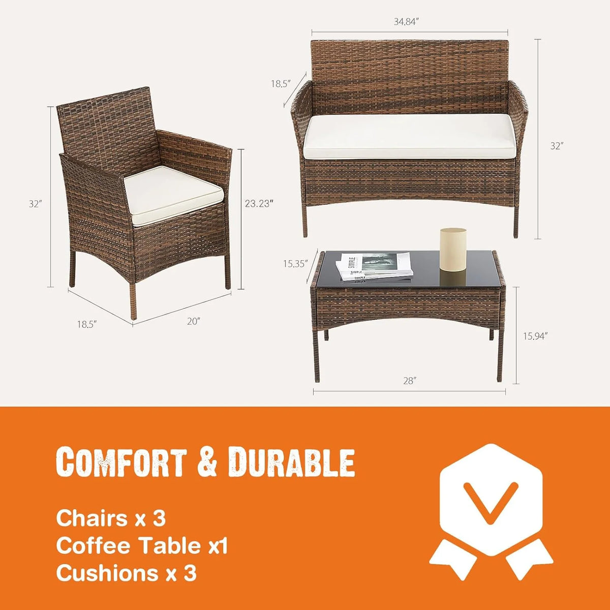 Sweetcripy Patio Furniture Set 3 Pieces, Outdoor Furniture with Soft Cushion and Glass Table, All Weather Manual Weaving Wicker Rattan Patio Chairs for Garden, Terrace, Porch(Black and Beige)