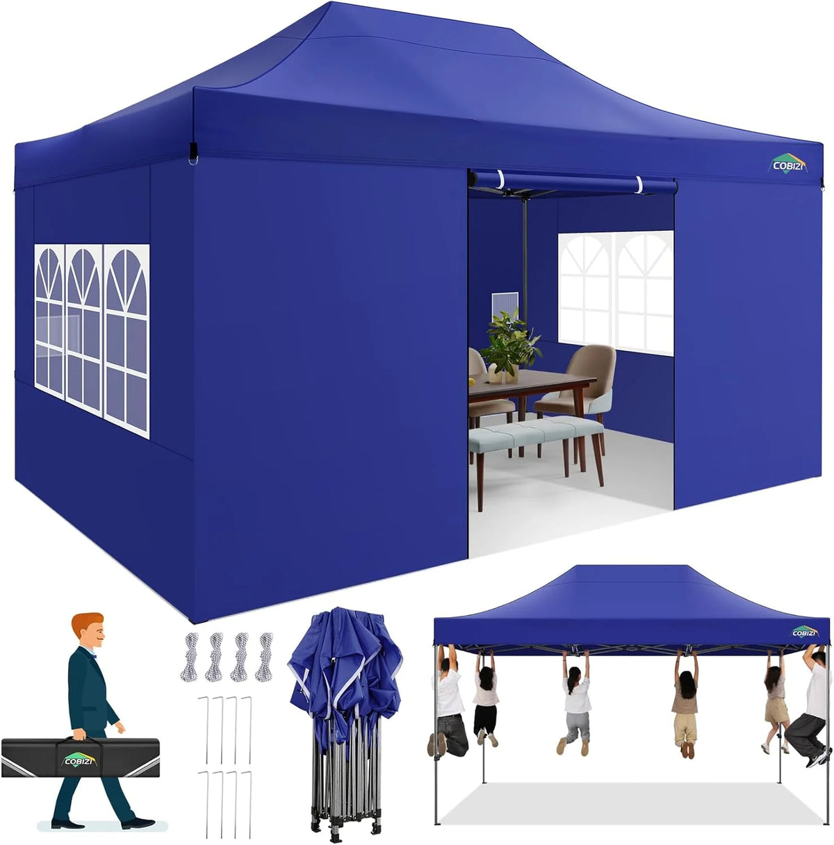 COBIZI 10x20 Heavy Duty Pop up Canopy Tent with 6 sidewalls Easy Up Commercial Outdoor Canopy Wedding Party Tents for Parties All Season Wind & Waterproof Gazebo with Roller Bag,Black(Frame Thickened)