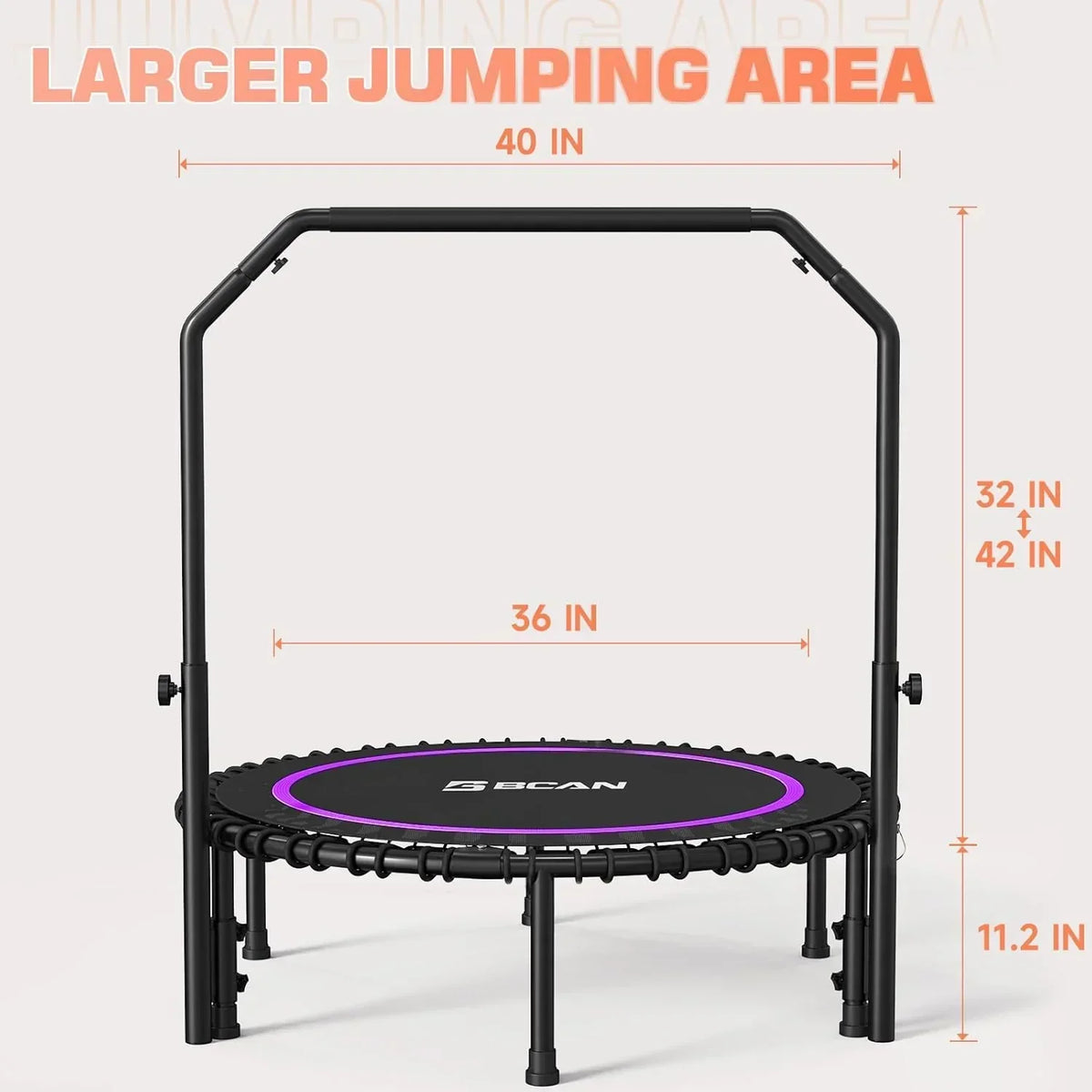 BCAN 450/550 LBS Foldable Mini Trampoline Fitness Trampoline Bungees Adjustable Foam Handle