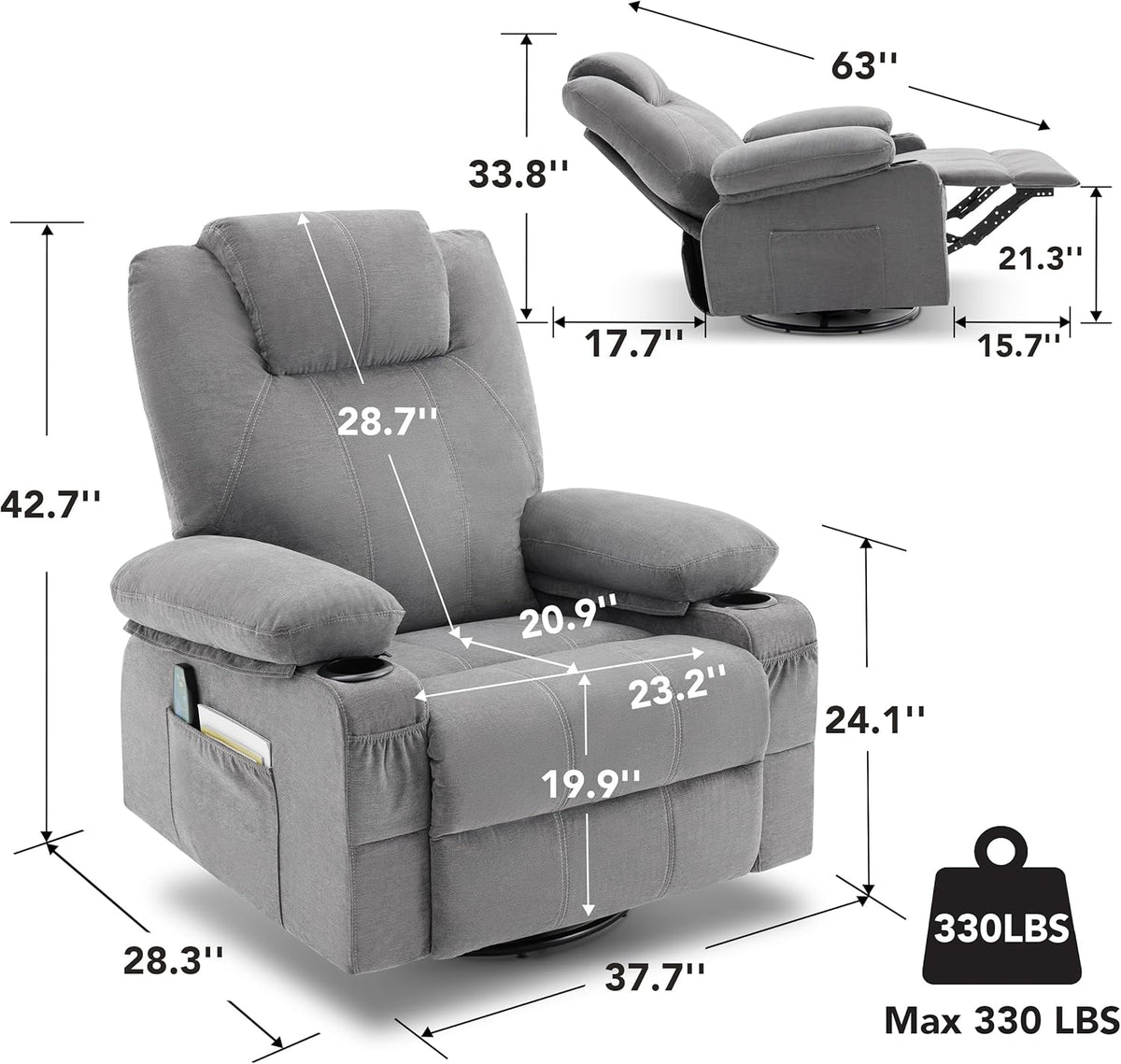 Large Swivel Rocking Recliner with Heating and Massage Function, 360 Degree Swivel Rocking Single Sofa