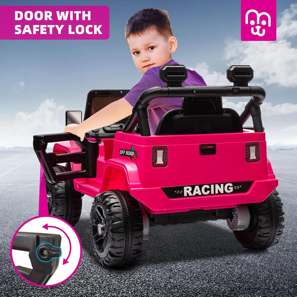 12V Kids Electric Ride on Truck Car Remote Control, Twin 35W Motors 3.5MPH Max Speed, Bluetooth USB Music Player, 4 Wheels Suspension LED Lights Safety Belt, Gift for Boy & Girl-Rosy