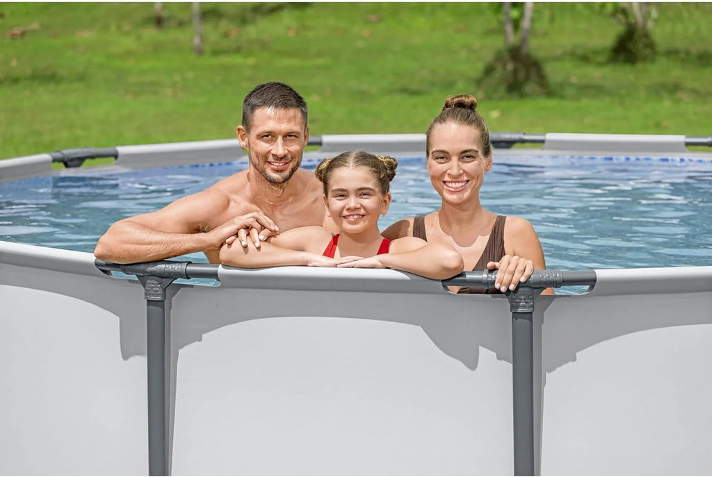 Steel Pro MAX 14 Foot x 48 Inch Round Metal Frame Above Ground Outdoor Swimming Pool Set with 1,000 Filter Pump, Ladder, and Cover, Gray