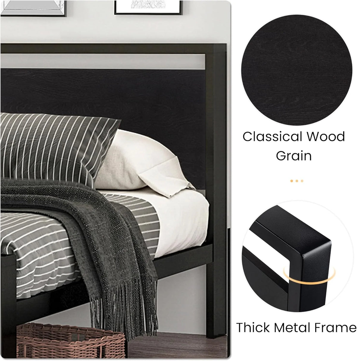 SHA CERLIN 14 Inch Full Size Metal Platform Bed Frame with Wooden Headboard and Footboard