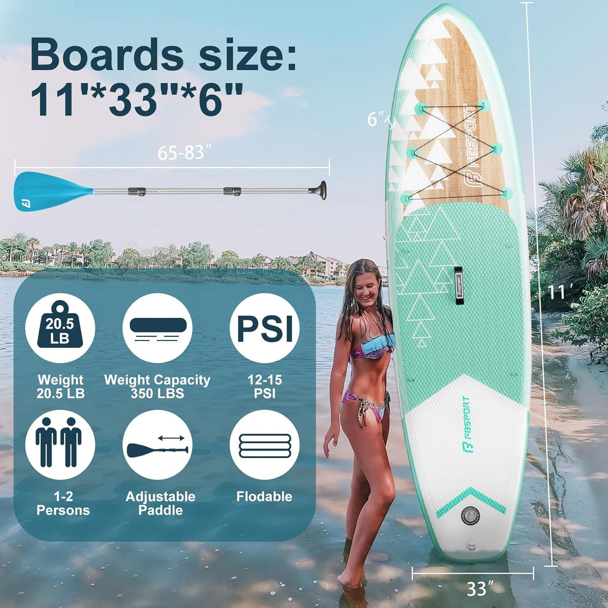FBSPORT 11' Premium Stand Up Paddle Board, Yoga Board with Durable SUP Accessories & Carry Bag | Wide Stance, Surf Control, Non-Slip Deck, Leash, Paddle and Pump for Youth & Adult
