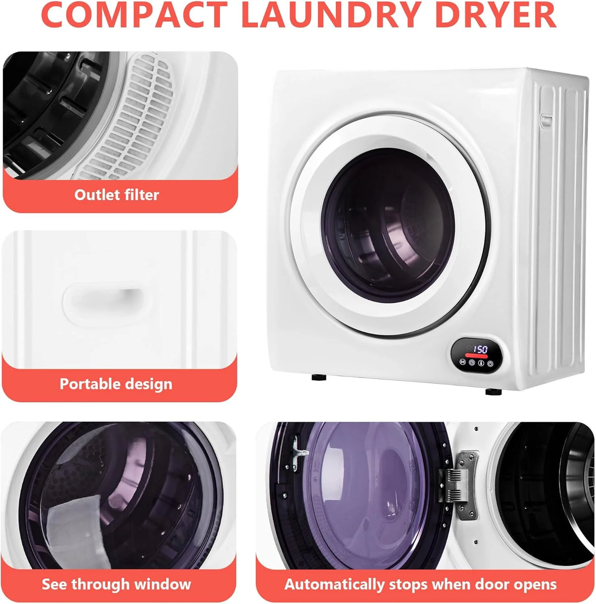 Compact Laundry Dryer, 3.5 cu ft Front Load Stainless Steel Clothes Dryers With Exhaust Pipe, 1500W, LCD Control Panel Four-Function Portable Dryer For Apartments, Home, Dorm, White