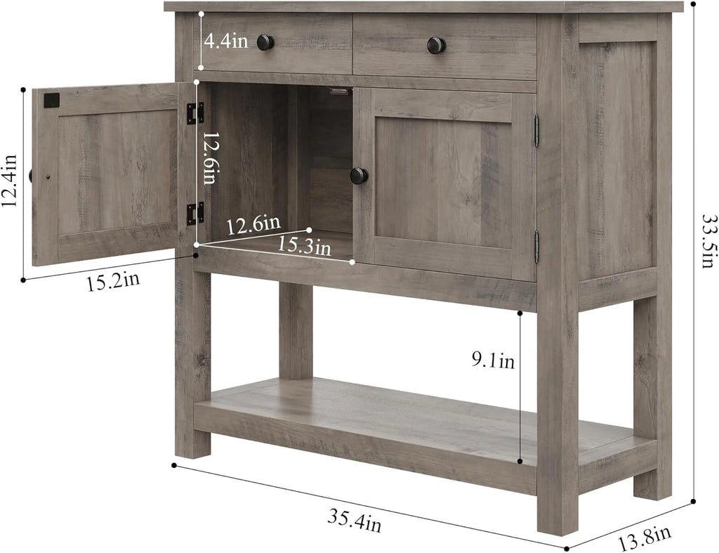 Farmhouse style console table coffee bar, entry table with storage rack, sofa table buffet sideboard