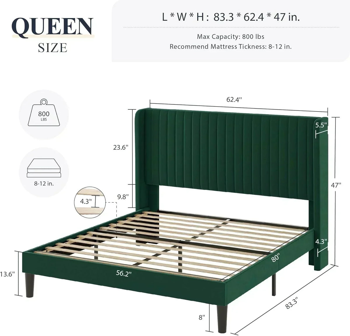 Allewie Full Size Velvet Bed Frame Vertical Channel Tufted Wingback Headboard Upholstered Bed