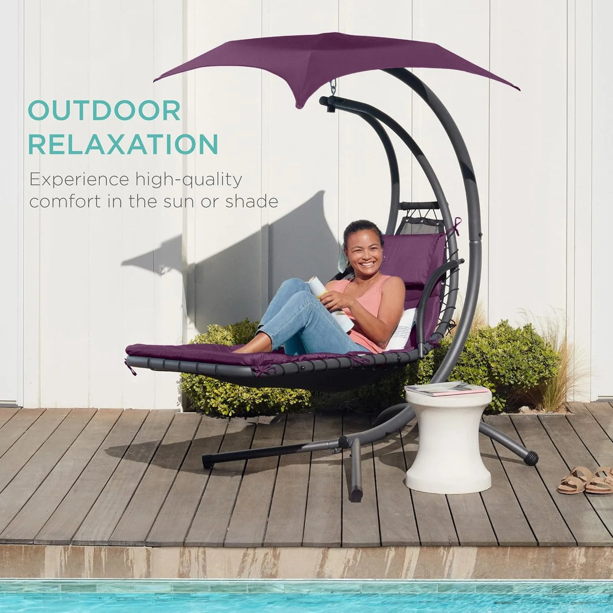Best Choice Products Outdoor Hanging Curved Steel Chaise Lounge Chair Swing w/Built-in Pillow and Removable Canopy - Teal