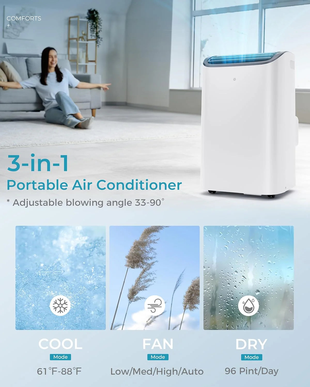 EUHOMY 8,000 BTU Portable Air Conditioners, 4-in-1 Portable AC Unit Up to 350 Sq.Ft, 4 Modes Quiet Air Conditioner with Remote Control, Cool, Fan, Dehumidifier, 24H Timer, Bedroom, Office, Apartments