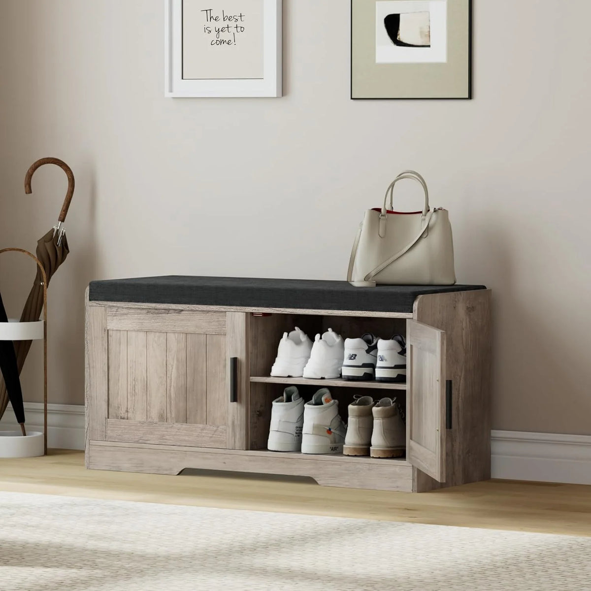 2-Tier Storage Bench, Shoe Bench with Thickened Padded Seat Cushion, Entryway Bench with 4 Doors, Adjustable Shelf