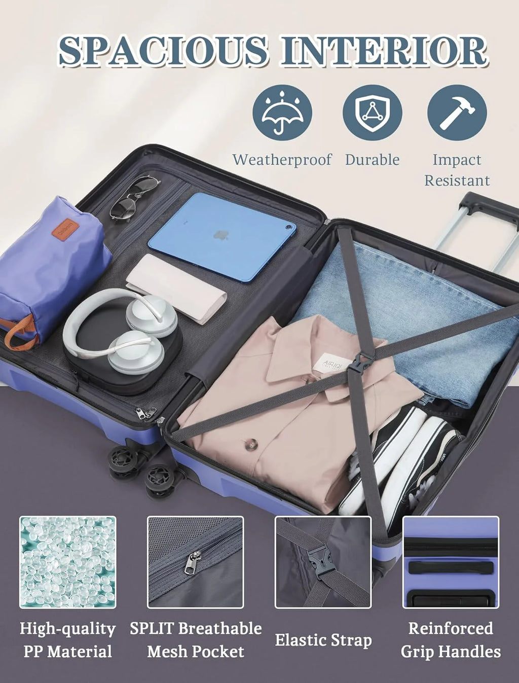 5-piece luggage set with wheels, ABS hardshell suitcase with spinner wheels