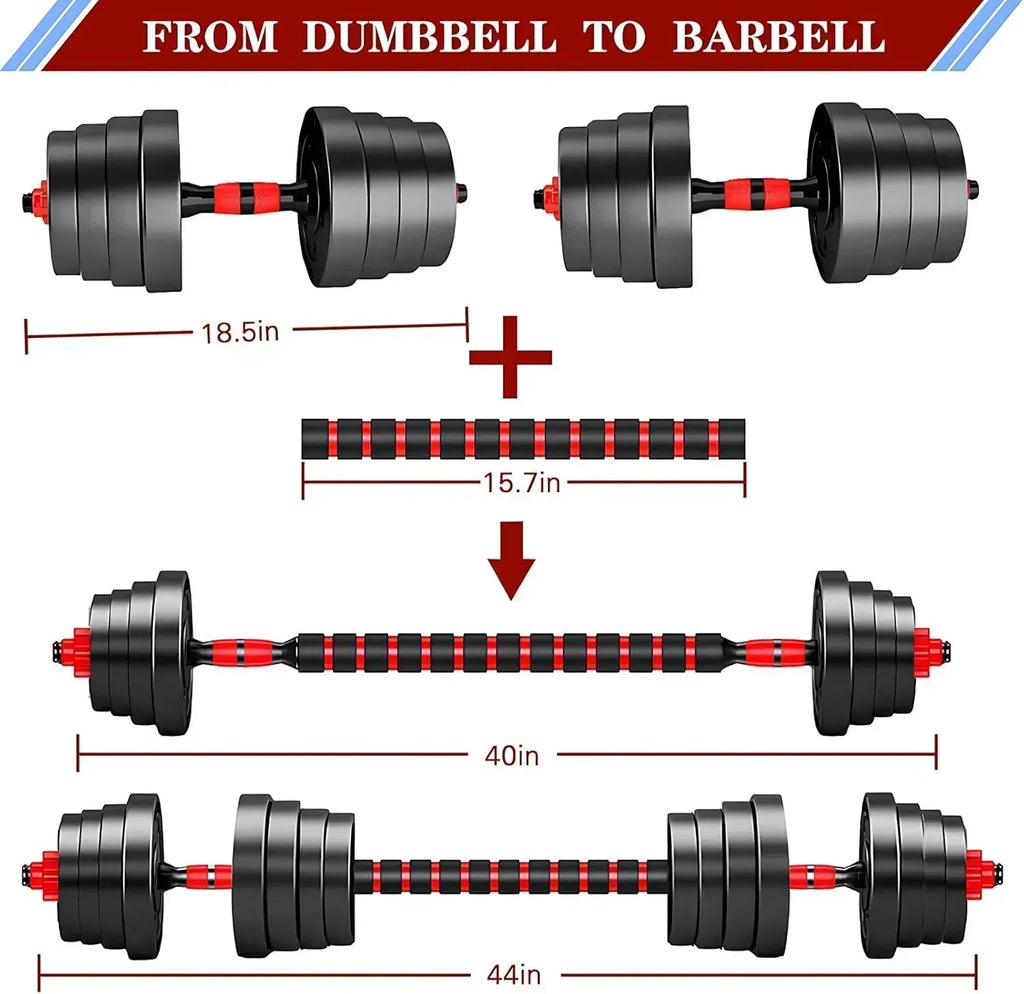 Adjustable dumbbell set, free weight dumbbell pair convertible into barbell