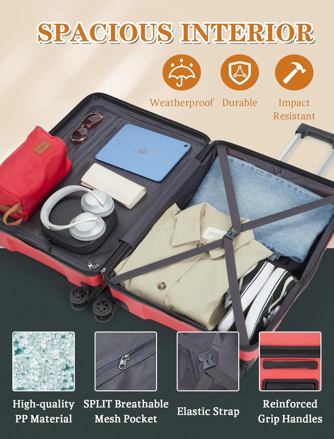 5-piece luggage set with wheels, ABS hardshell suitcase with spinner wheels