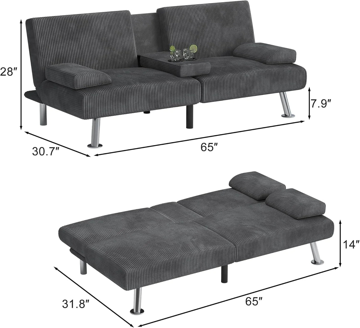 Shahoo Modern Linen Upholstered Convertible Folding Futon Sofa Bed with Removable Armrests
