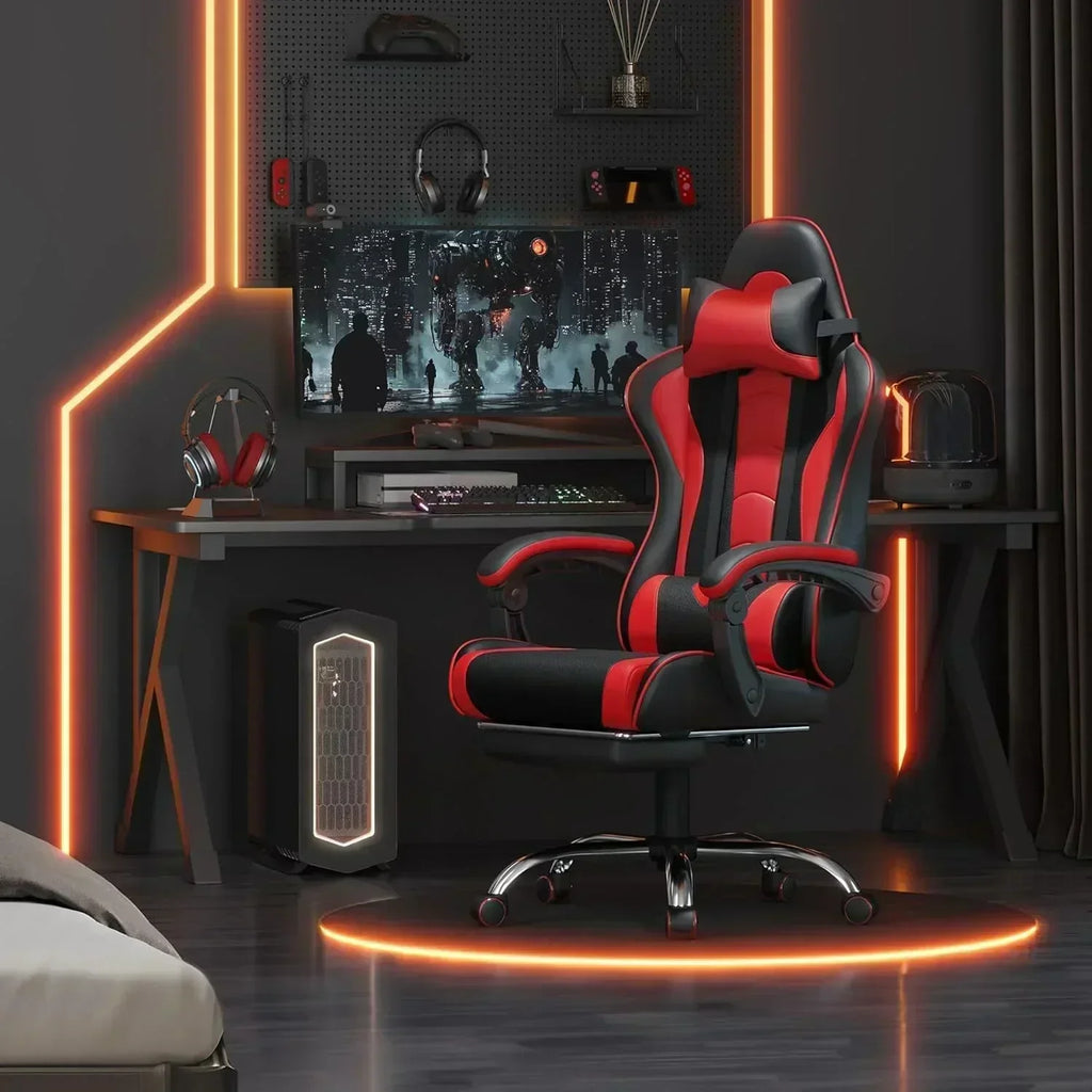 Gaming Chair with Massage Lumbar Support and Footrest Height Office Gaming Chair