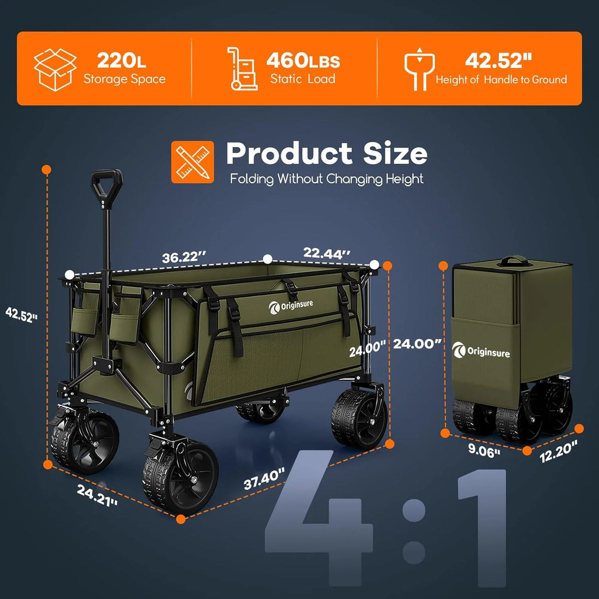 38 long foldable four-wheel stroller, foldable, 460 lb capacity, 220 liter heavy-duty folding beach stroller with large all-terrain tires