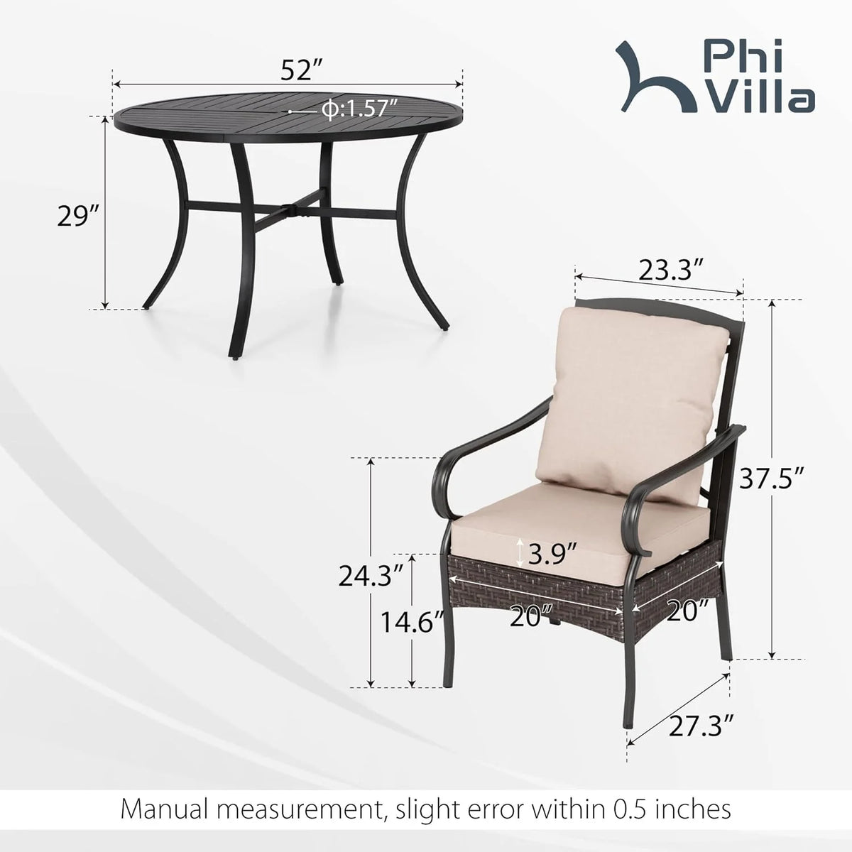 PHI VILLA 6-Piece Outdoor Dining Sets, All-Weather Patio Table and Chairs Set with Umbrella for 4, Heavy Duty Patio Round Table Set for Deck, 4 Extra Large Outdoor Swivel Chairs with Thick Cushions