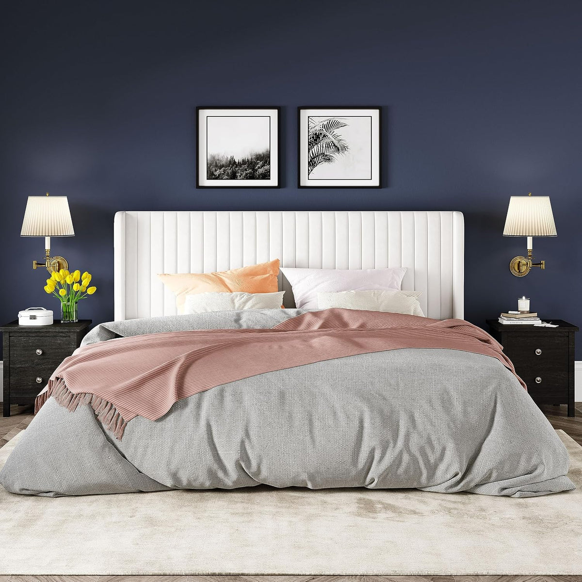 Allewie Full Size Velvet Bed Frame Vertical Channel Tufted Wingback Headboard Upholstered Bed