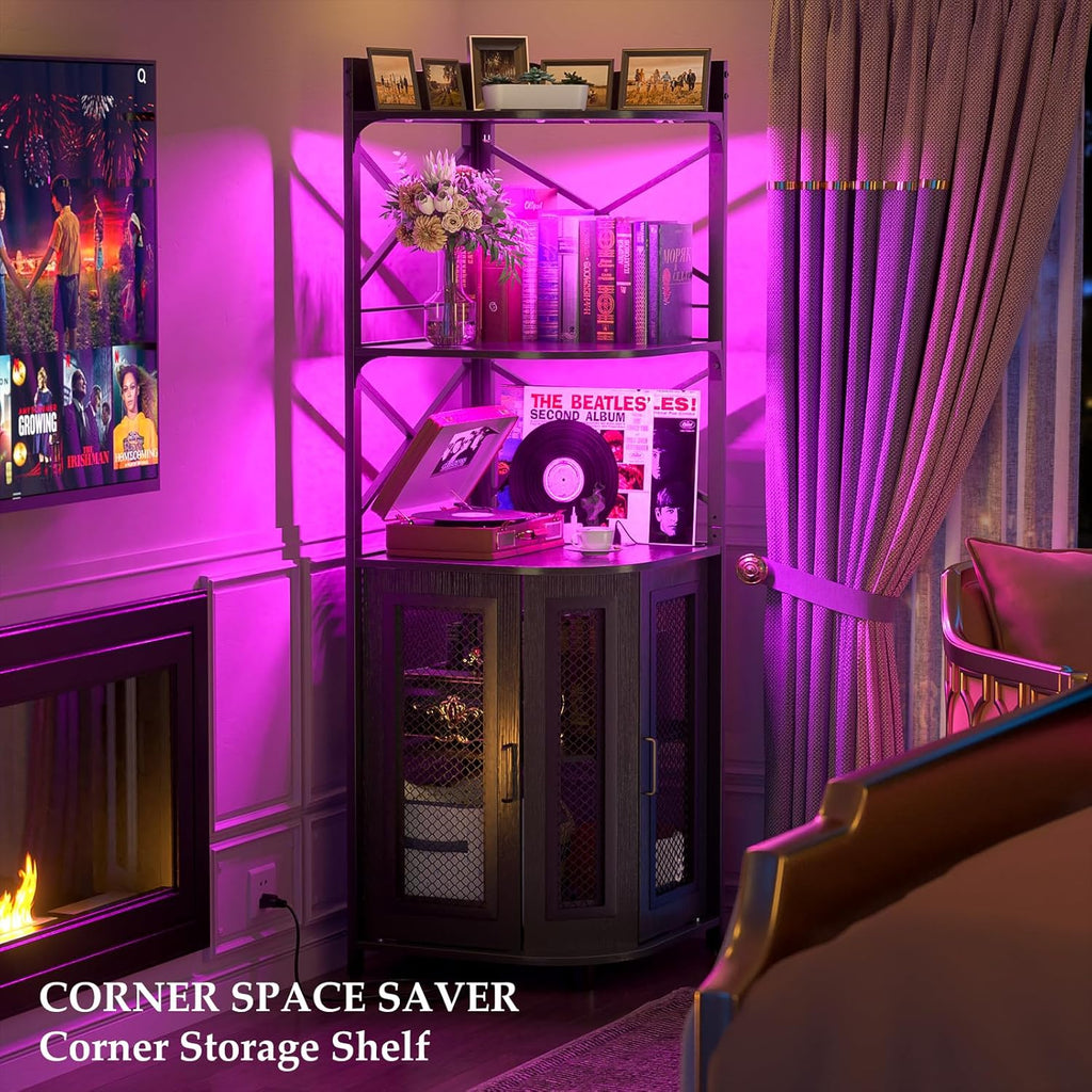Corner bar cabinet with power socket, industrial style wine cabinet with LED light strip and glass rack, home five-layer wine cabinet bar unit, small space corner display cabinet