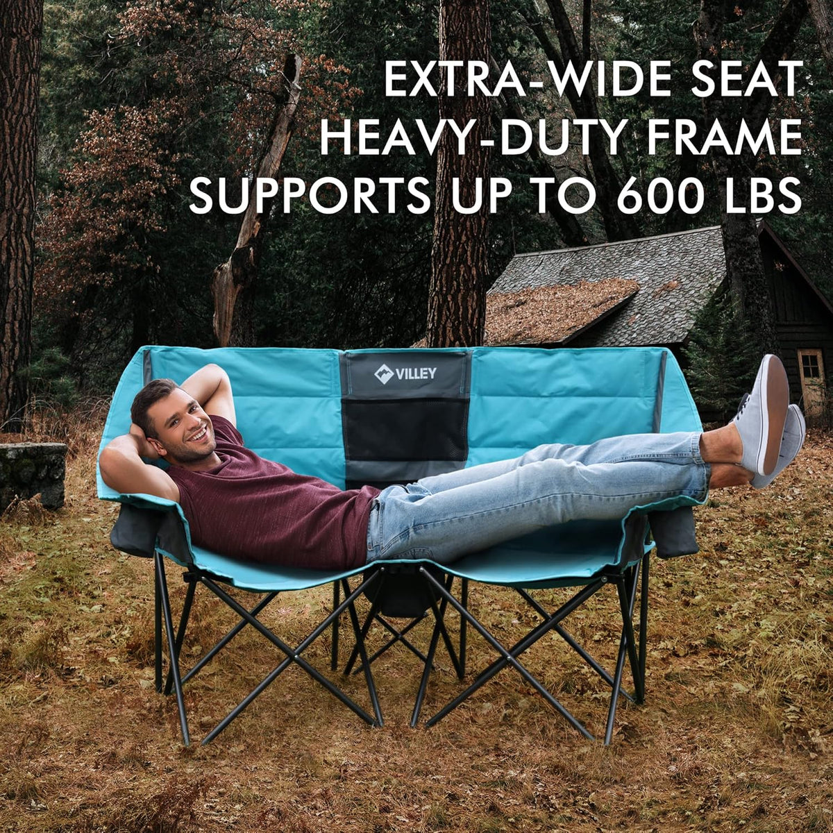 Double camping chair (with cooler bag), extra wide love seat, heavy duty padded camping sofa, portable folding chair