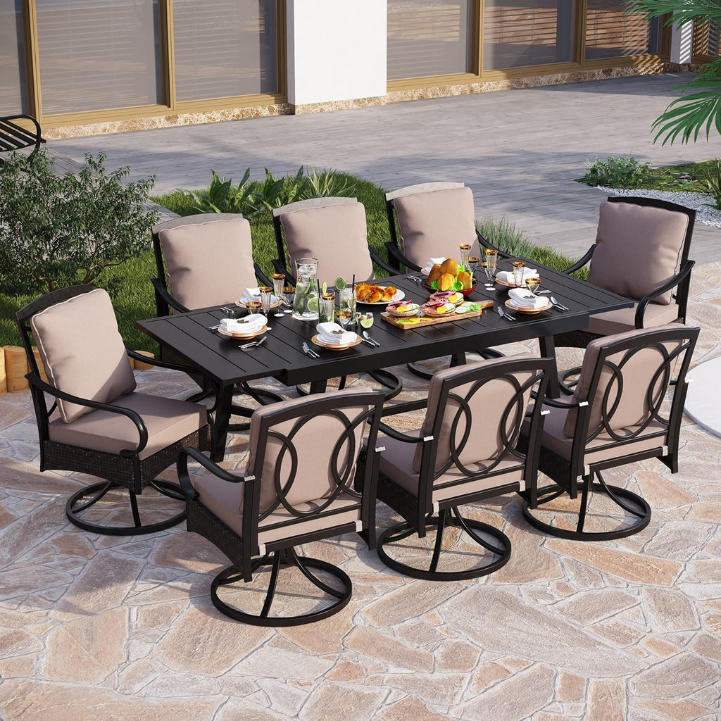 PHI VILLA 6-Piece Outdoor Dining Sets, All-Weather Patio Table and Chairs Set with Umbrella for 4, Heavy Duty Patio Round Table Set for Deck, 4 Extra Large Outdoor Swivel Chairs with Thick Cushions