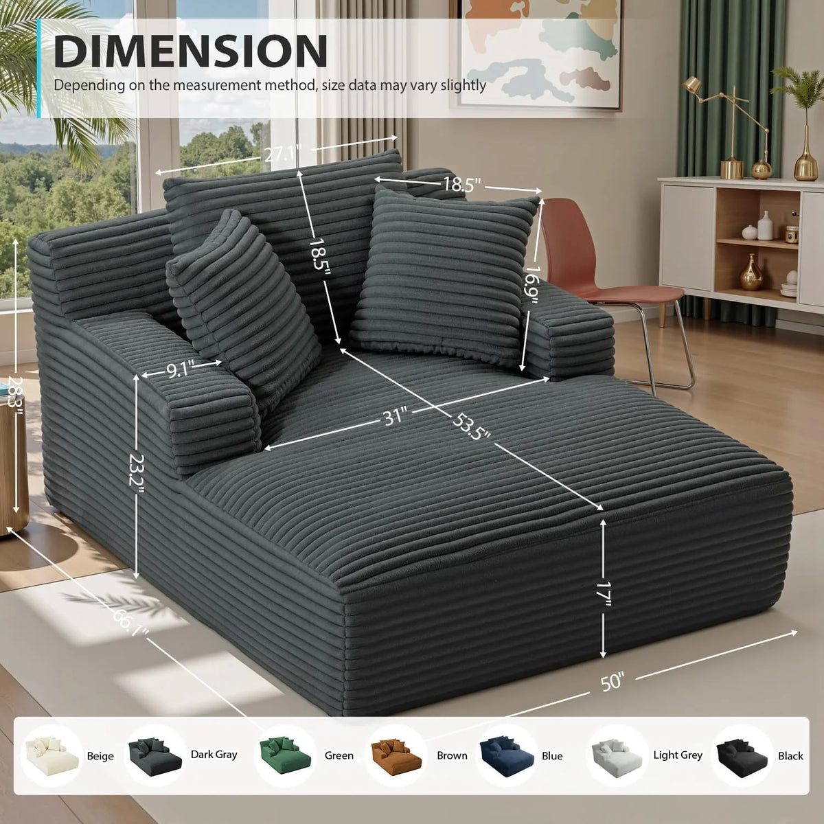 50-inch indoor recliner, oversized corduroy upholstered boneless sofa bed, deep sleeper sofa reading chair, cloud sofa, living room sofa