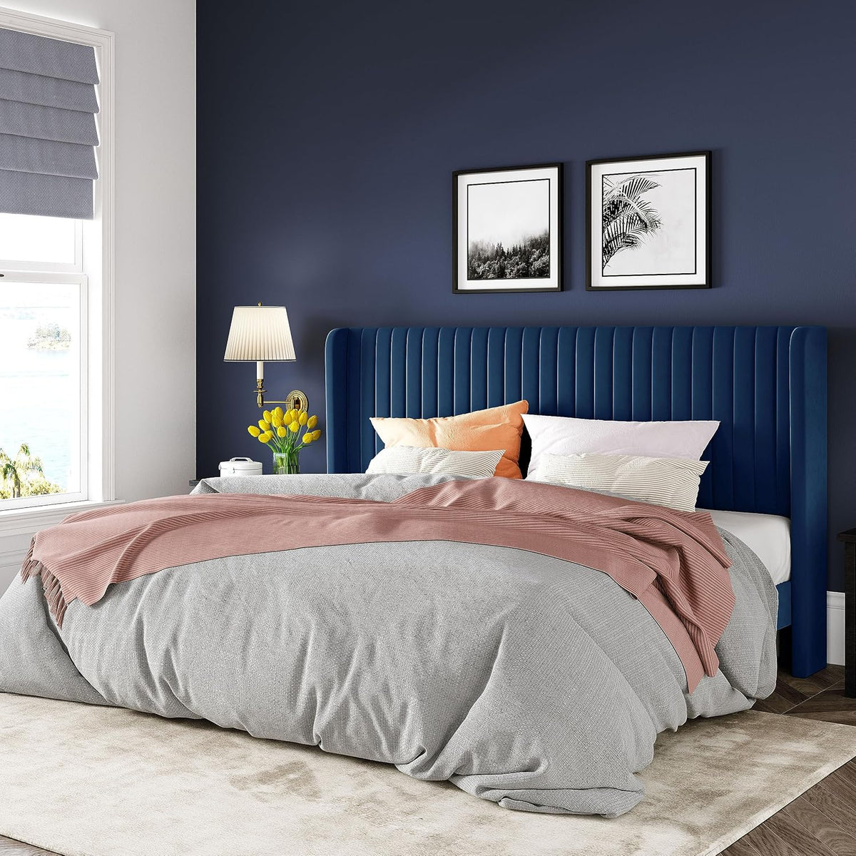 Allewie Full Size Velvet Bed Frame Vertical Channel Tufted Wingback Headboard Upholstered Bed