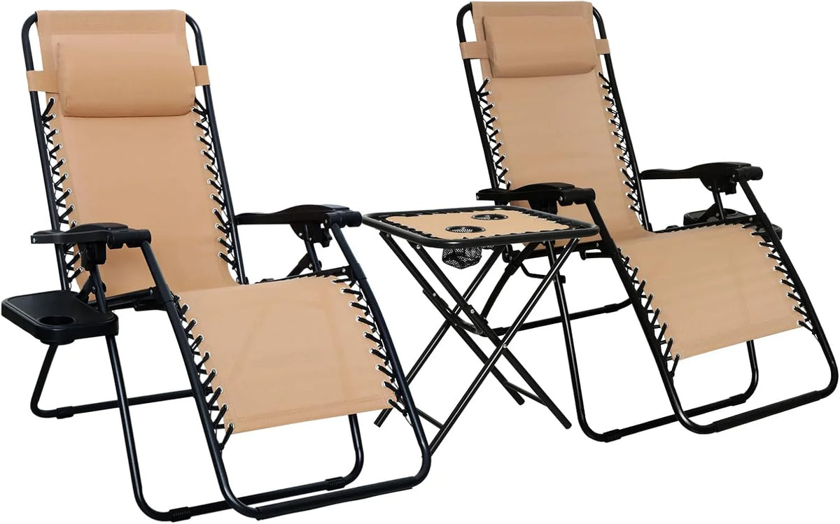 Amazon Basics Outdoor Patio Mesh Adjustable Zero Gravity Lounge Chair Recliners set of 2 with Side Table, 35 x 26 x 43 inches, Beige