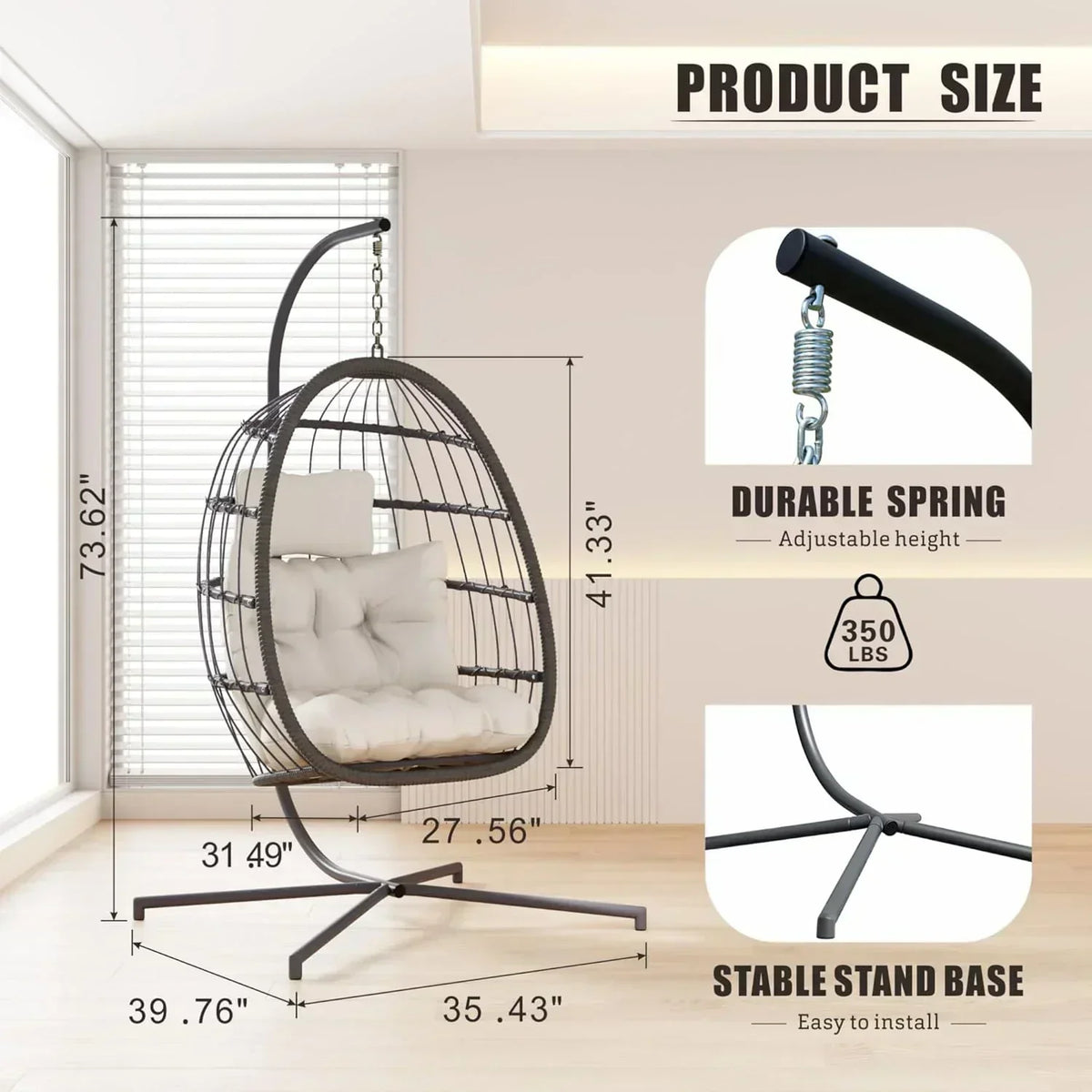 HWB Hanging Egg Chair with Stand Patio Wicker Hammock Egg Swing Chair Cushion for Bedroom