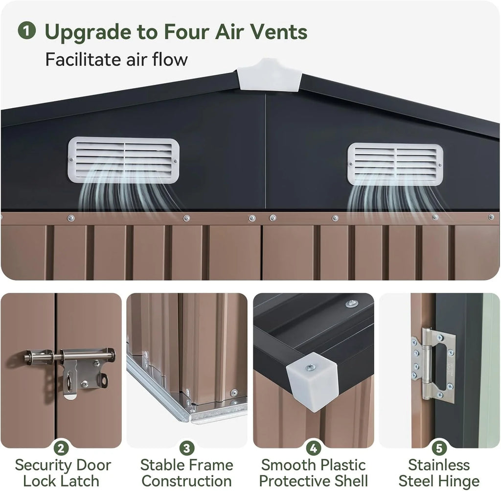 Aoxun 12x10 FT Shed Metal Outdoor Waterproof Storage Shed Steel Utility Garden Tool Shed with Door & Lock Outdoor Storage for Garden Patio Lawn Poolside, Brown