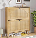Shoe Storage Cabinet for Entryway with 2 Flip Drawers Narrow Wood Shoe Cabinet with Fluted Panel