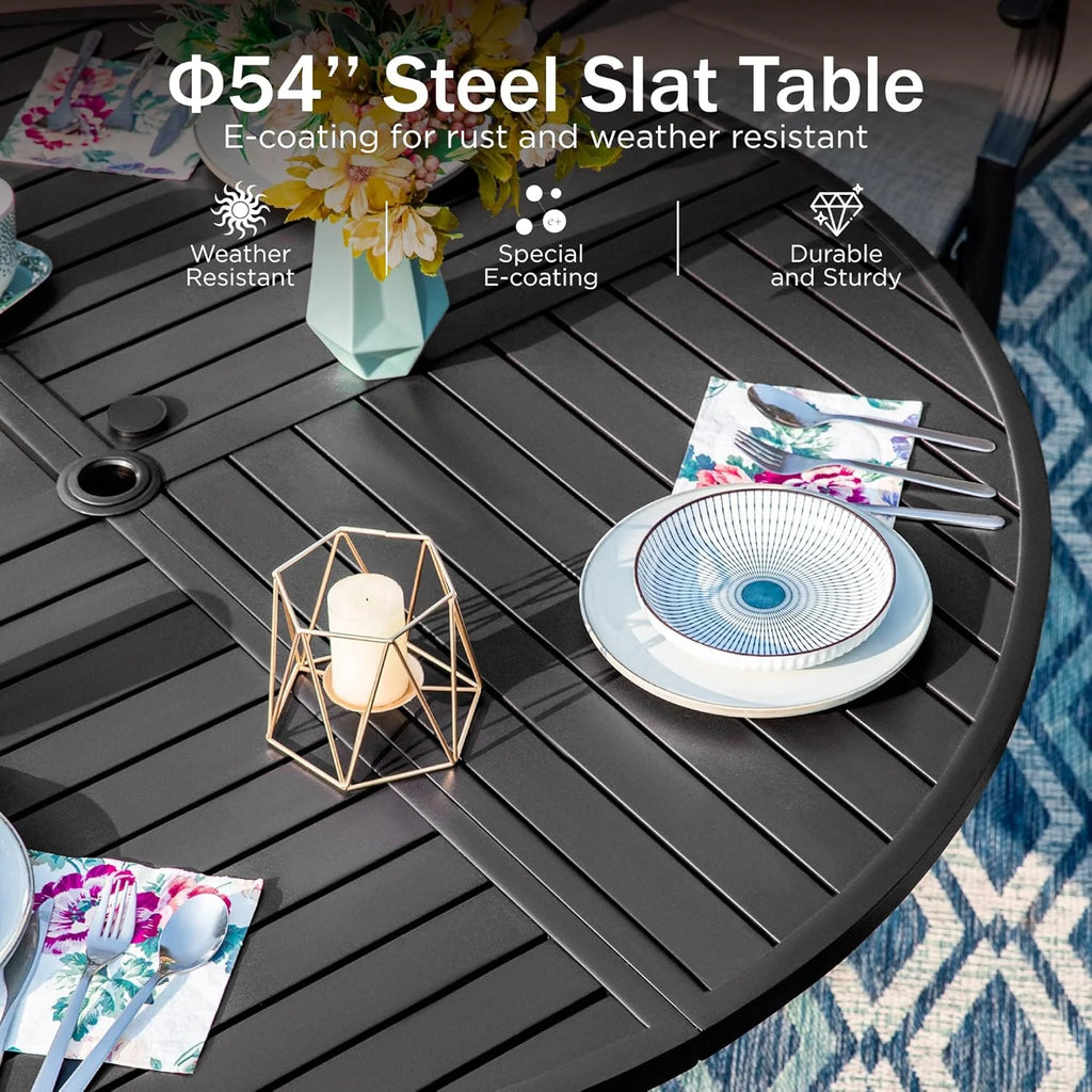 PHI VILLA 6-Piece Outdoor Dining Sets, All-Weather Patio Table and Chairs Set with Umbrella for 4, Heavy Duty Patio Round Table Set for Deck, 4 Extra Large Outdoor Swivel Chairs with Thick Cushions
