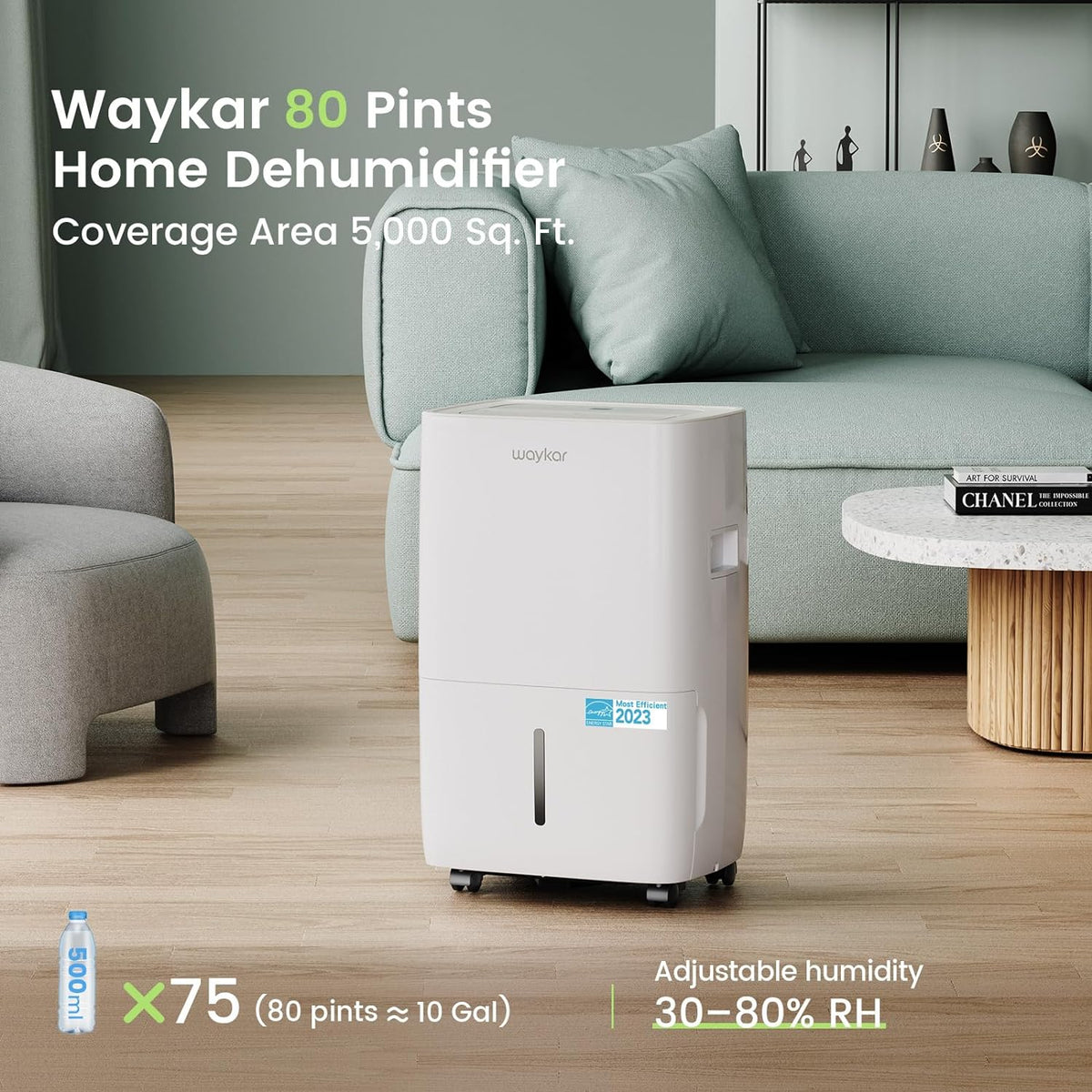 Waykar 2000 Sq. Ft Dehumidifier for Home and Basements, with Auto or Manual Drainage, 0.66 Gallon Water Tank Capacity