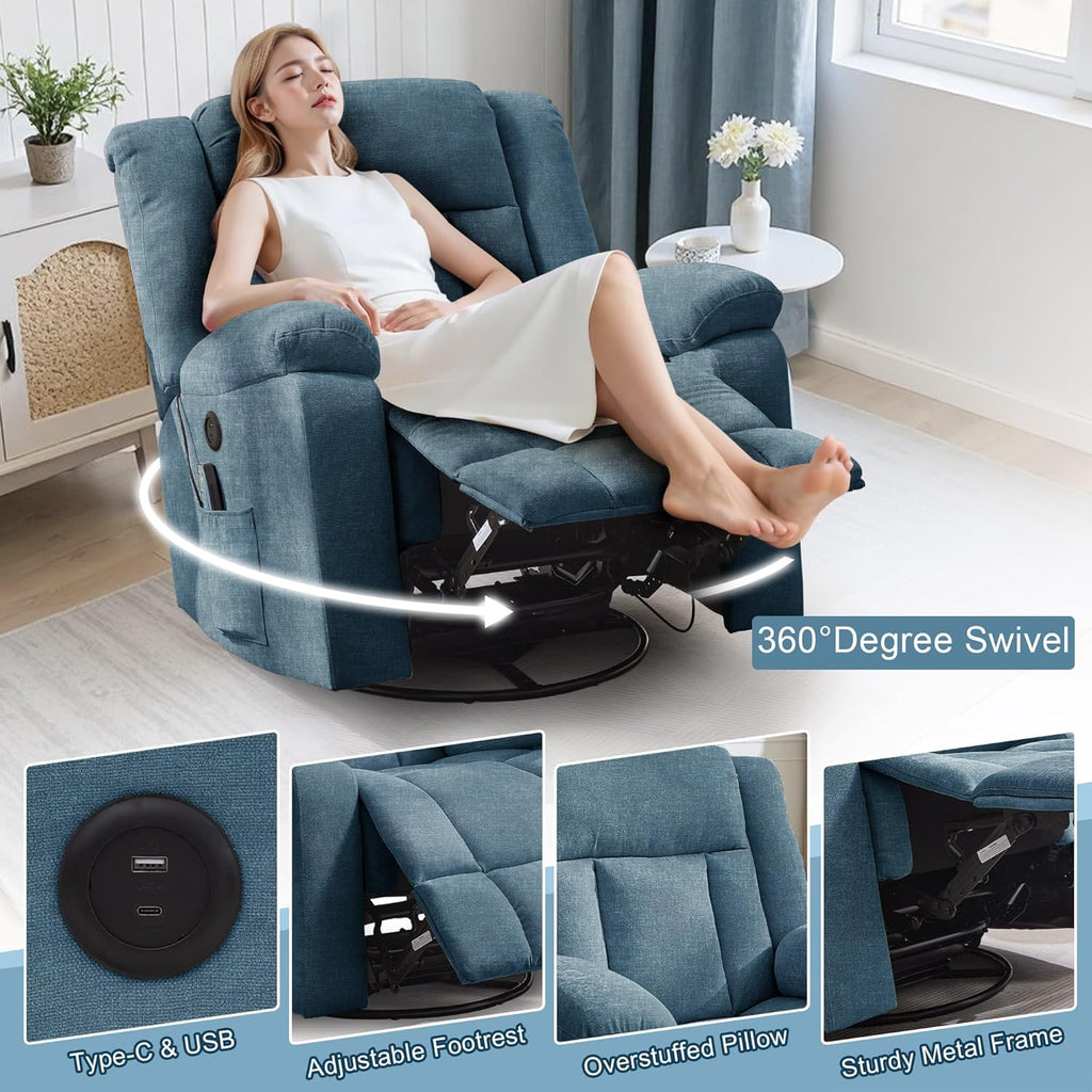 Adult rocking chair, gliding recliner, 360° rotating rocking chair with massage and heating function