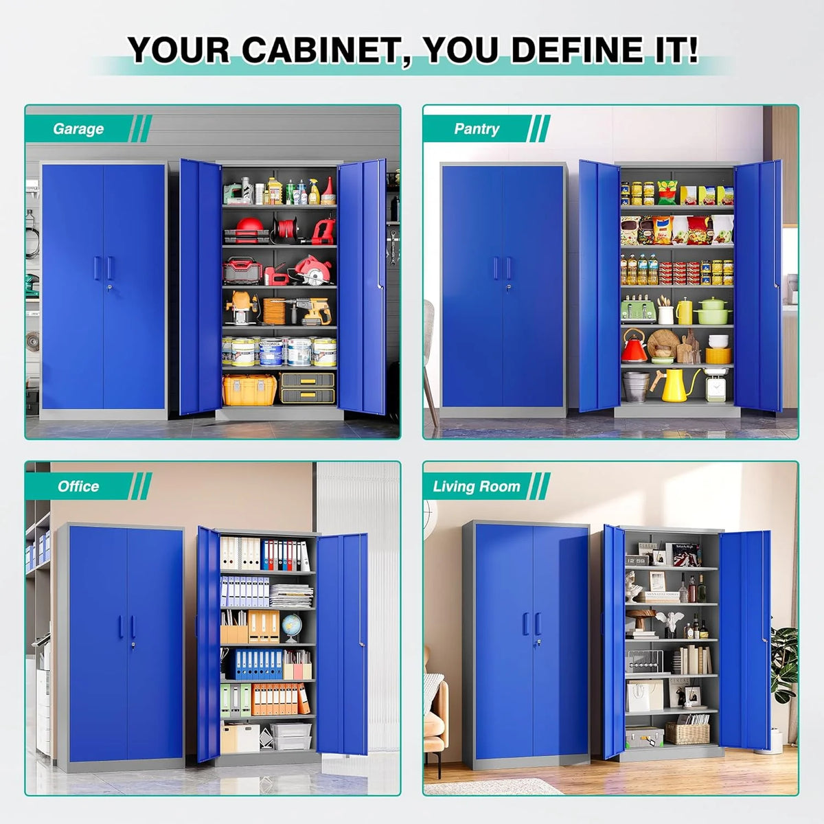 Metal Storage Cabinet with 2 Doors and 6 Shelves, Black Metal Cabinet with Lock, 71 Inch Lockable Garage Storage Cabinet