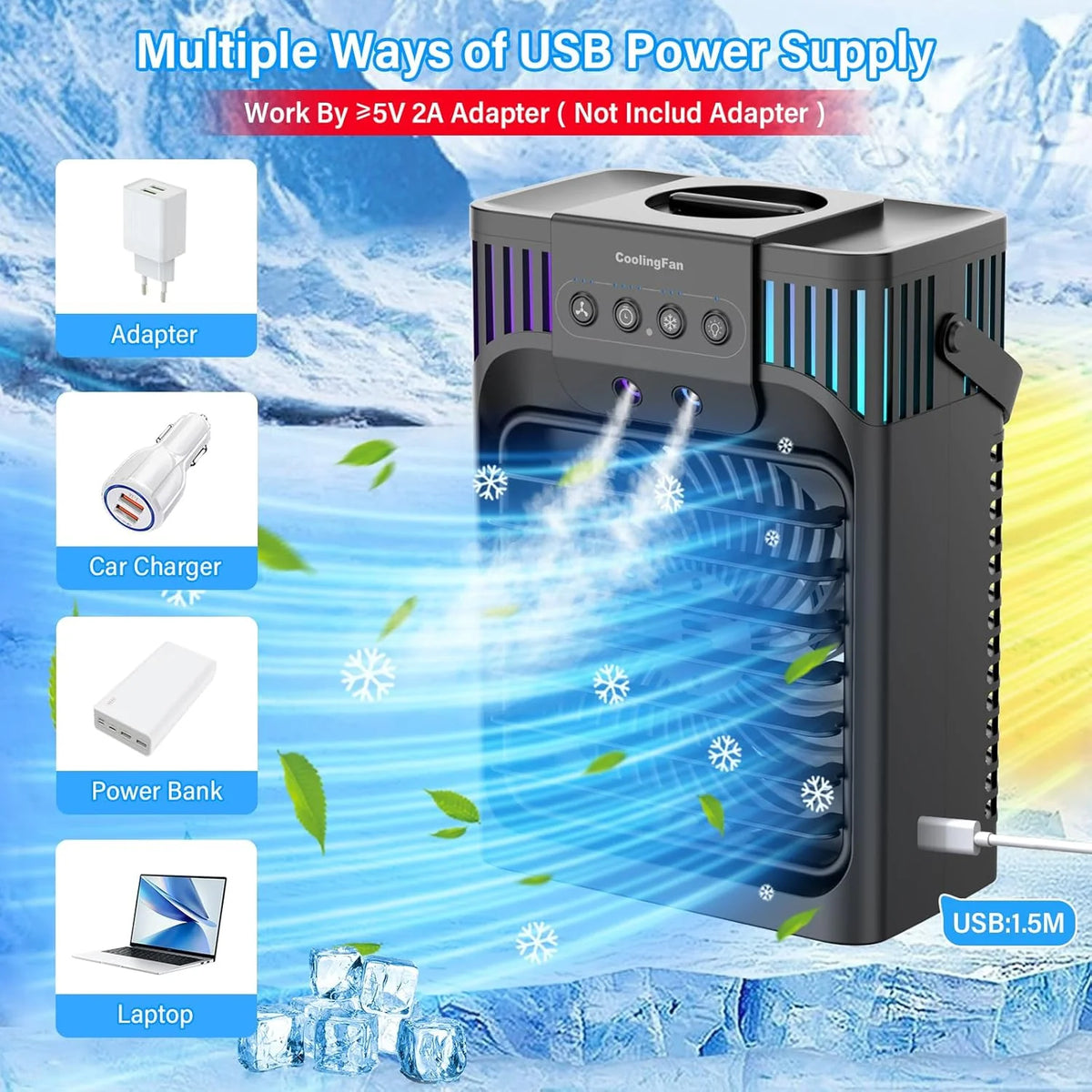 Portable Air Conditioners,4-in-1 Evaporative Air Cooler with 3 Speeds, 3 Modes & 7 LED Light Cooling Fan with Remote, 2-8H Timer, 1200ML Personal Mini Air Conditioner for Bedroom and Office