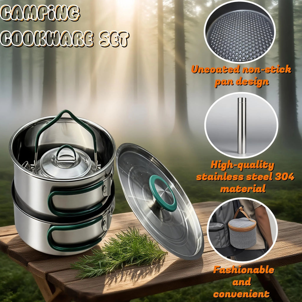 Stainless Steel Camping Cookware Set with Frying Pan Saucepan and Kettle Foldable Handles