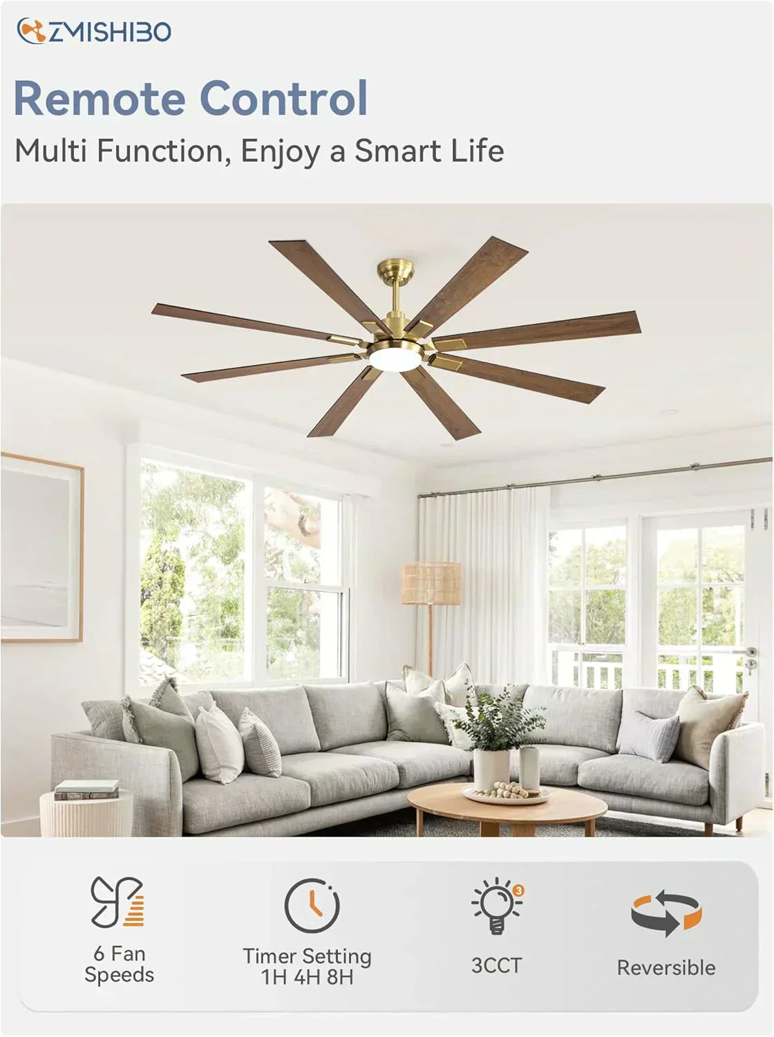 Zmishibo 72-inch large ceiling fan with lighting and remote indoor/outdoor
