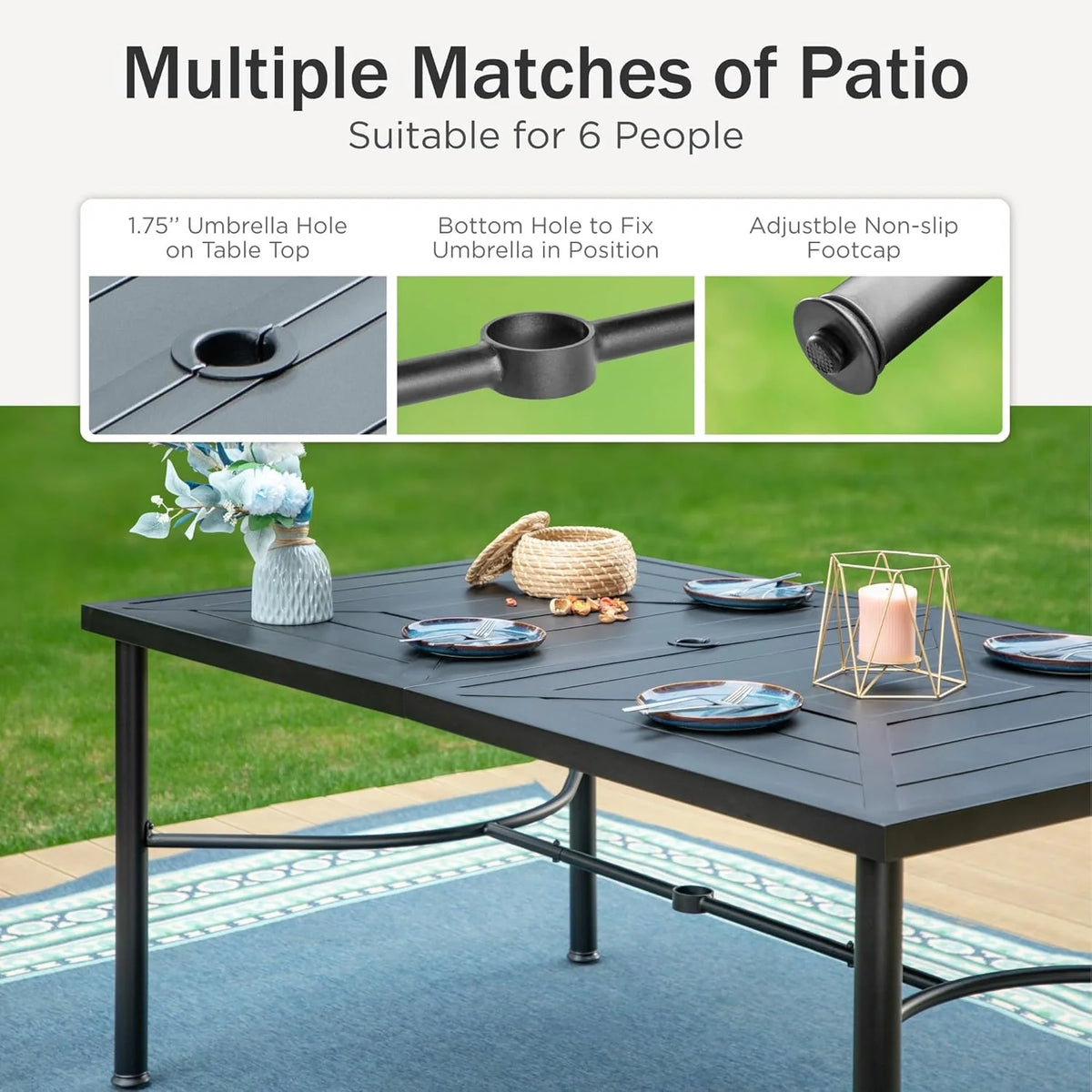 PHI VILLA 6-Piece Outdoor Dining Sets, All-Weather Patio Table and Chairs Set with Umbrella for 4, Heavy Duty Patio Round Table Set for Deck, 4 Extra Large Outdoor Swivel Chairs with Thick Cushions
